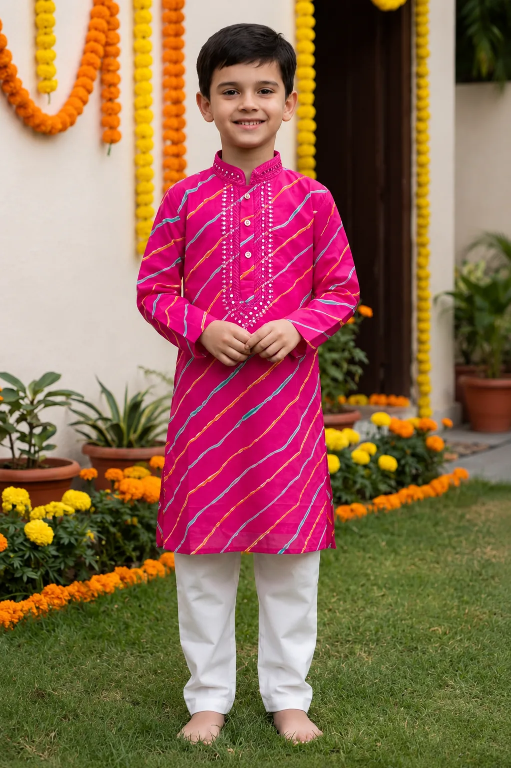 Pink Leheriya print Kurta Pajama Set for Boys | STITCHKAA