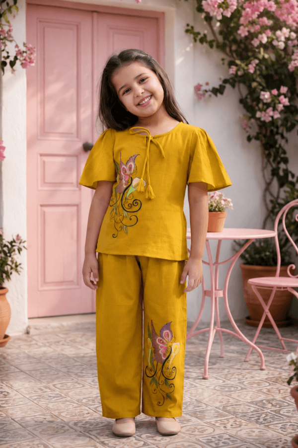 Mustard Yellow Butterfly Print Co-Ord Set for Girls | STITCHKAA