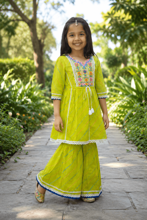 Lime Green Embroidered Kurta Sharara Set for Girls