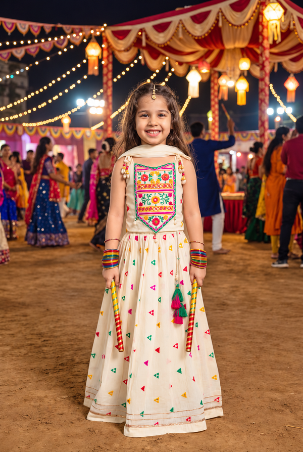 Cream Navratri Lehenga Choli with Dupatta